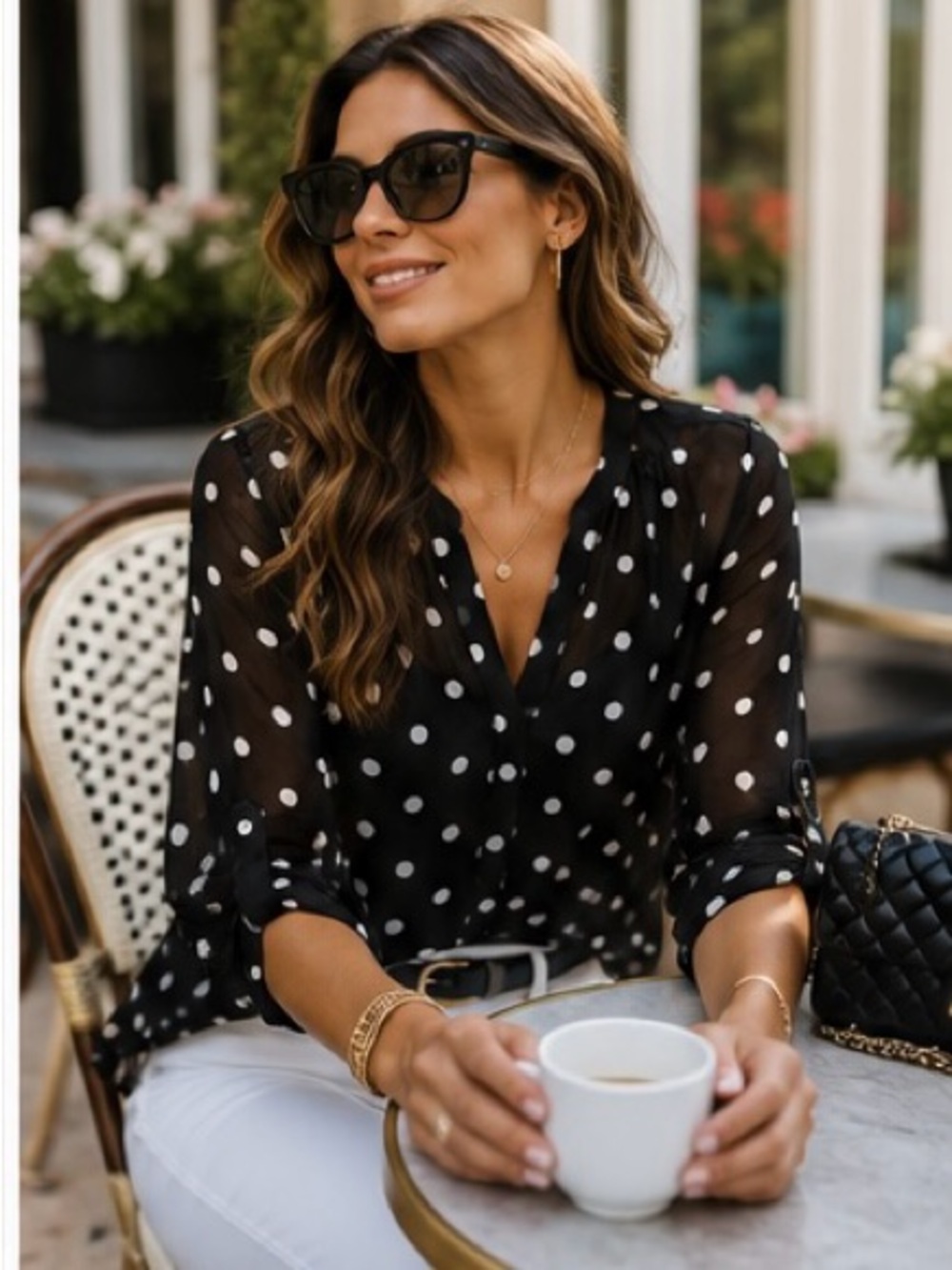 🖤 Sheer Black White Polka Dot Button-Front Blouse Size M